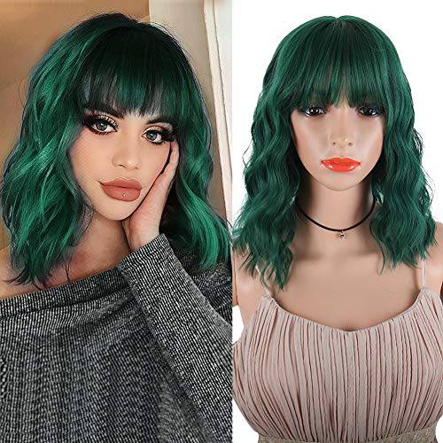 DEYNGS Fashion Short Wavy Wigs With Flat Bangs Natural Black Synthetic Full Wigs For Women None Lace Wigs That Look Real Heat Resistant +Free Wig Cap (Green)