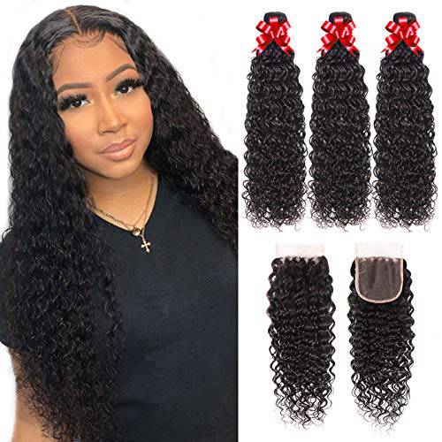 Brazilian Water Wave 3 Bundles with Lace Closure Wet and Wavy Human Hair Bundles with 4x4 Lace Closure 100% Unprocessed Weave Bundles with Closure Virgin Human Hair Extension(22 24 26+20)