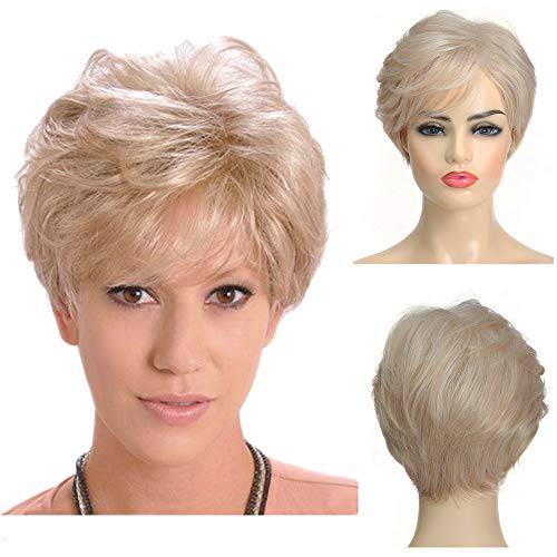 Baruisi Short Layered Blonde Wigs for Women Synthetic Heat Resistant Cosplay Pixie Wig with Bangs