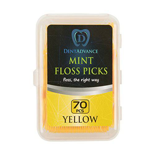 DentAdvance Mint Dental Floss Picks - Easy Reach Back Teeth | Tooth Flossers |Yellow, Mint Flavored, 70 ct, w/ Travel Case