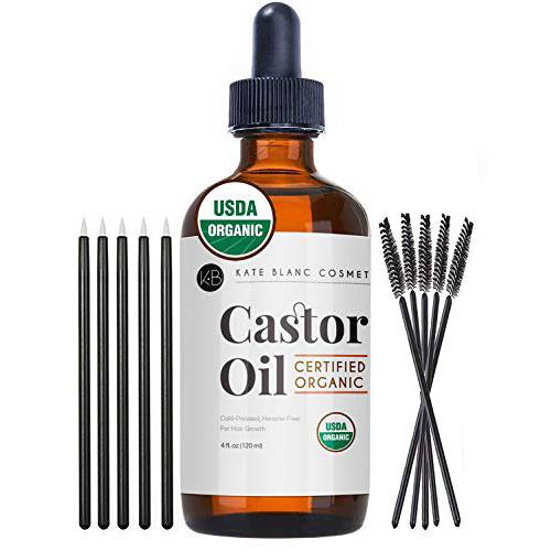 Organic Castor Oil (4oz), USDA Certified, 100% Pure, Cold Pressed, Hexane Free by Kate Blanc. Stimulate Growth for Eyelashes, Eyebrows, Hair. Skin Moisturizer & Oil Cleanse with Starter Kit