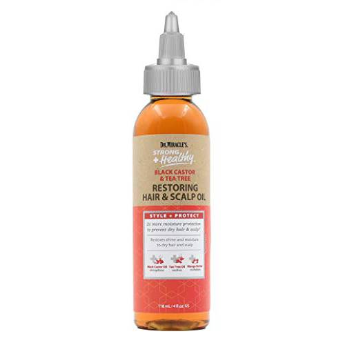 Dr. Miracle’s Strong & Healthy Restoring Hair & Scalp Oil. Contains Black Castor Oil, Tea Tree Oil and Mango Butter providing 2x more moisture to prevent dry hair and scalp 4oz