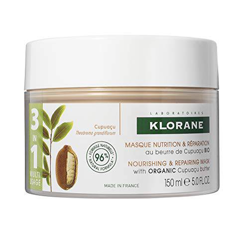 Klorane 3-in-1 Mask with Organic Cupuaçu Butter, Nourishing & Repairing for Very Dry Damaged Hair, Classic Mask, Overnight Mask, Leave-in Cream, SLS/SLES-Free, Biodegradable, 5 oz.