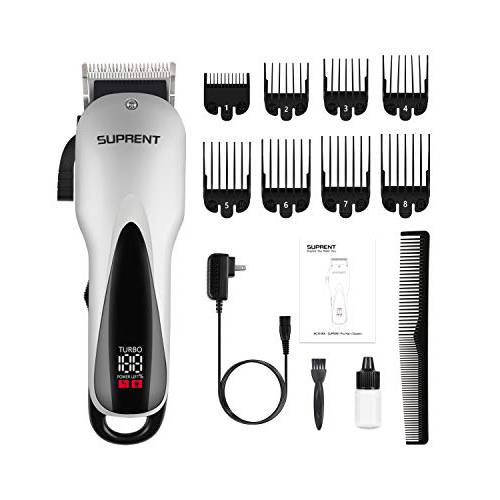 SUPRENT Hair Clippers for Men,All-Steel Self-Sharp Blade Cordless Hair Clippers Set, Long Service Life and Low Noise Hair Trimmer, with LED Display Hair Cutting Kit for Family(Silver）