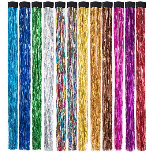 19.7 Inch Clip In Hair Tinsel Fairy Hair Tinsel Kit Clips Clip On Glitter Hair Tinsel Extensions 12 Colors