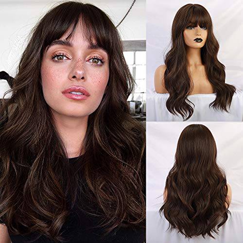 BOGSEA Brown Wig with Bangs Long Brown Wigs for Women Natural Wavy Brunette Wigs Heat Resistant Fiber Synthetic Brown Wigs for Daily Party (Dark Ashy Brown，24inch)