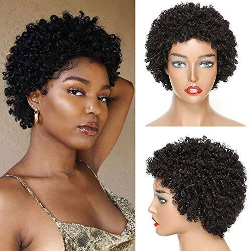 Ms Taj Short Human Hair Afro Wigs for Black Women Brazilian Virgin Short Curly Afro Wigs Human Hair 150% Density Natural Black (style two) (Natural Black, afro kinky)