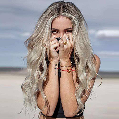 Ombre Ash Blonde Wig with Dark Roots Wavy Synthetic Wig Heat Resistant Glueless 18 Inch Long Blonde Wigs for Women