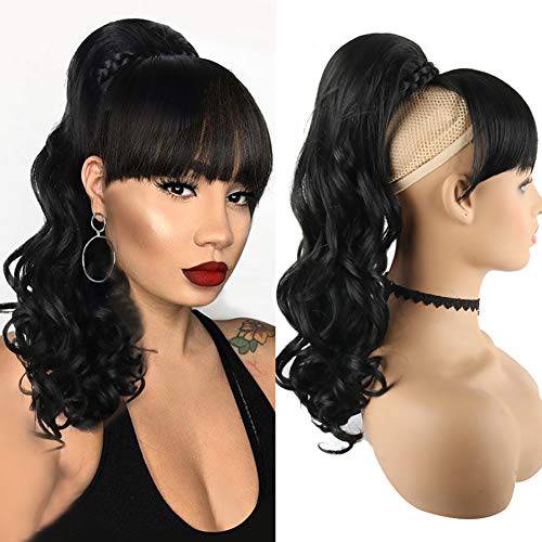 LEOSA 16 Inch Body Wave with Bang Ponytail Extension Hairpin Clip in Hairpieces Bang with Ponytail Heat Resistant for Women