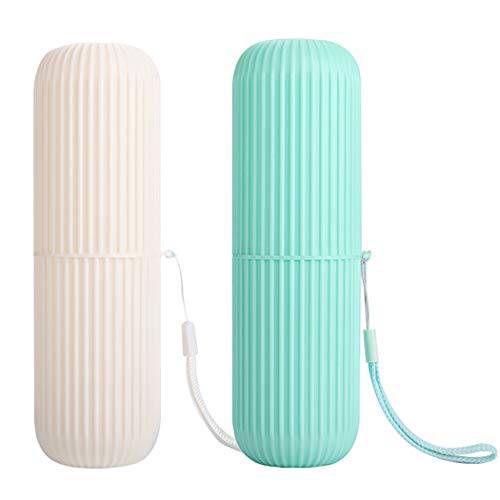 Toothbrush Travel Case Portable Travel Toothbrush Holder 2 Pack Plastic Toothbrush Storage Container Organizer for Travel Home Business School (White + Green)