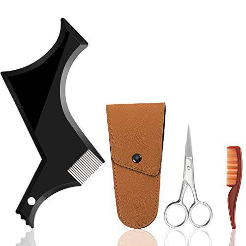 4 Pieces Beard Shaper Kit Includes Beard Shaping Template Tool Mustache Beard Comb and Scissors Works with Electric Trimmers Razors or Clippers