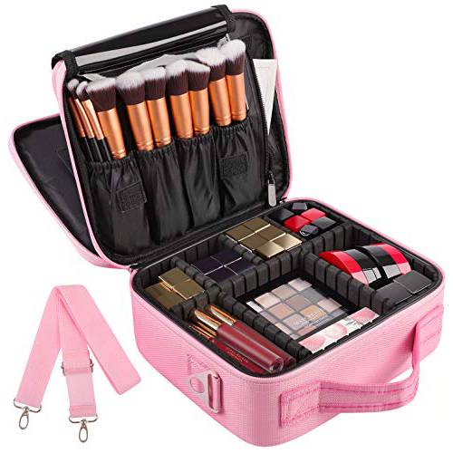 Kootek 2-Layers Travel Makeup Bag, Portable Train Cosmetic Case Organizer with Mirror Shoulder Strap Adjustable Dividers for Cosmetics Makeup Brushes Toiletry Jewelry Digital Accessories