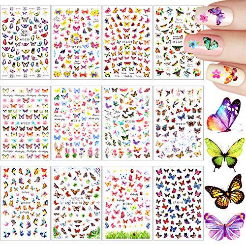 12 Sheets Butterfly Nail Art Stickers Self-Adhesive Butterfly Flower Pattern Nail Decals Colorful Mixed Design Manicure Nail Decals with 12 Styles for Women Girl Nail Decorations