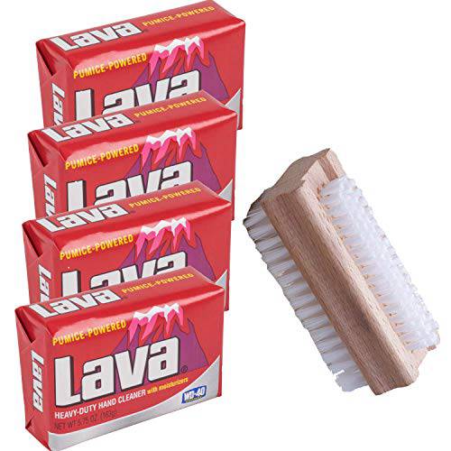 Lava Heavy-Duty Hand Cleaner Pumice soap with Moisturizers, 4-bars [5.75 OZ each] with a Compatible Sparklen Wooden Nail Brush