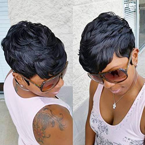 Short Slight Layered Wavy Short Human Hair Wigs for Black Women Human Hair Pixie Cut Wigs for Black Women Brazilian Virgin Curly Human Hair Wigs with Bangs Natural Color