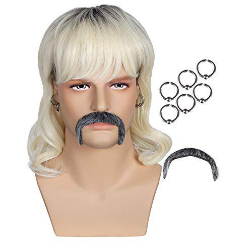 ColorGround Dark Root Wig with 6 Earrings and Mustache for Men
