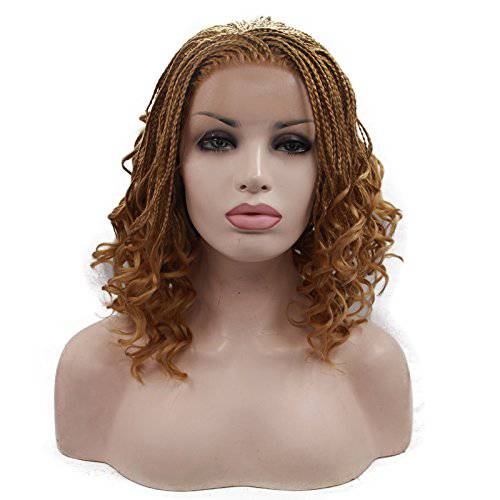 16 Gold Braiding With Curly Tips Synthetic Synthetic Lace Front Wigs Free Parting 260% Density Braids Braided Heat Resistant Fiber Hair for Woman……
