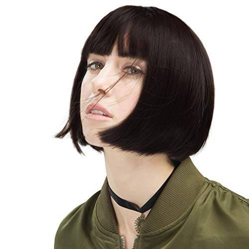 REECHO 11 Short Bob Wig with bangs Synthetic Hair for White Black Women Color: Black Brown