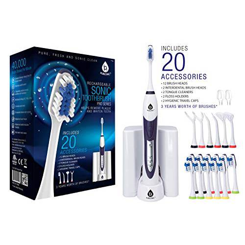 PURSONIC S520 White Ultra High Powered Sonic Electric Toothbrush with Dock Charger, 12 Brush Heads & More (Value Pack)
