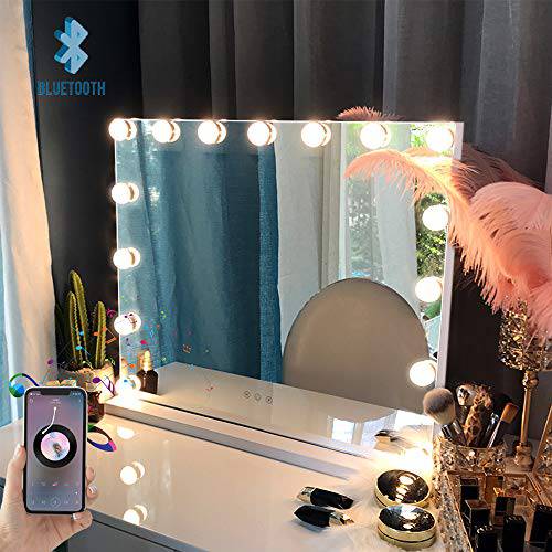 FENCHILIN Large Vanity Mirror with Lights and Bluetooth Speaker Hollywood Lighted Makeup Mirror with 15 Dimmable LED Bulbs for Dressing Room & Bedroom, Tabletop or Wall-Mounted, Slim Metal Frame White
