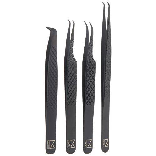 M LASH Set Of 4 Diamond Grip Precision Eyelash Extensions Tweezers - Japanese Steel - 90 Degree, Volume Boot, Curve Lash Supply (Gold)
