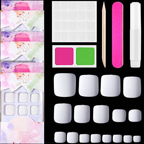 77 Pieces False Toe Nails Set Includes 72 Matte Nails Frosted False Acrylic Toenails Square Short Full Cover Toenails Tips with Tabs Nail File Wood Stick for Women Lady Girls