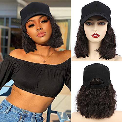 CHRSHN Hat Wig for Women Short Wave Baseball Cap Wig with Curly Hair Extensions Wig Synthetic Wave Wig Hat Adjustable Brown Black Baseball Hat Wig