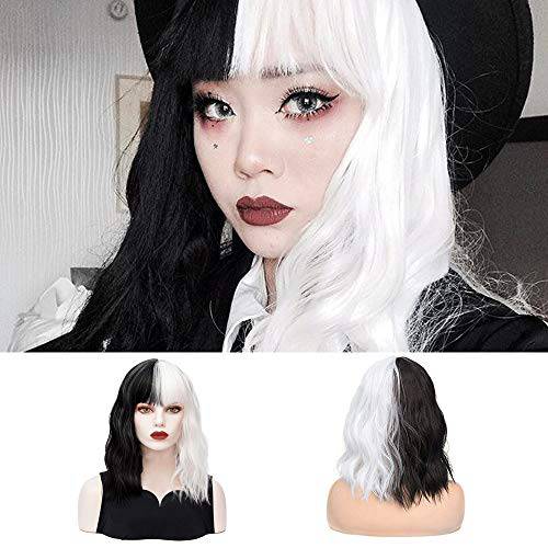 Black White Wig with Bangs Short Curly Wavy Bob Wigs Synthetic Cosplay Costume Halloween Party Wigs for Women