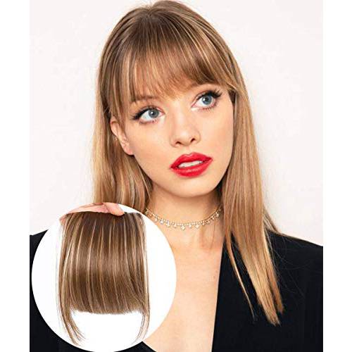 LEEONS Bangs Clip in Synthetic Hair Extensions Front Neat Bang Fringe One Piece 6 Short Straight Hairpiece for Women Light Brown(12H22)