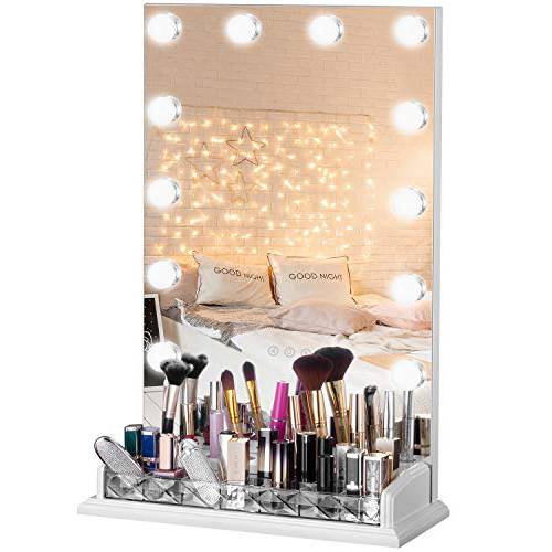 LUXFURNI Vanity Table Makeup Hollywood Mirror Dimmable Light Touch Control 12 Cold/ Warm LED Lights, Makeup Organizer Brush Holder