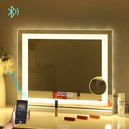 Fenair Vanity Mirror with Lights and Bluetooth Hollywood Vanity Mirror with Speaker Support Answer Call, Touch Screen, 3 Color Modes Tabletop Mirror with 15 Dimmable Bulbs