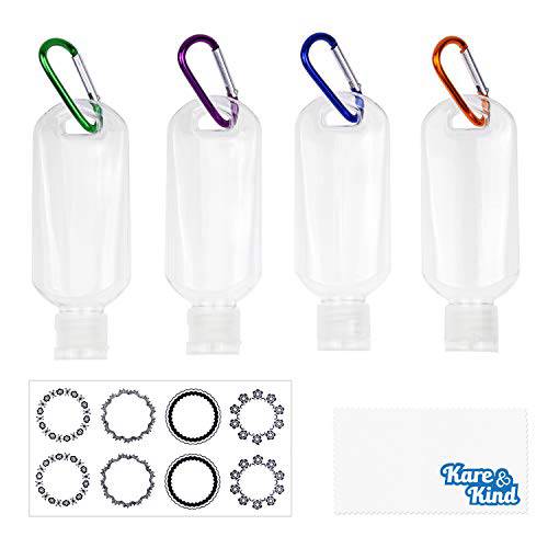 Kare & Kind Clear Portable Travel Bottles - 4x Empty Bottles with Flip Top Caps, 4x Carabiner, 1x Sticker Label Sheets - up to 50 ML -For Hand Sanitizers, Disinfectant Alcohol, Liquids, Toiletries