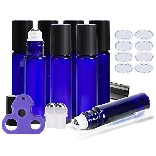 Essential Oil Roller Bottles 10ml - ULG Cobalt Blue Glass Empty Bottles with Stainless Steel Roller Balls and Waterproof Labels ( 8 / 48 pack )