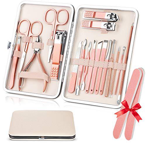 Manicure Set for Women, 18Pcs Professional Pedicure Kit with Portable Rose Gold Travel Case, Stainless Steel Nail Clippers Grooming Kit