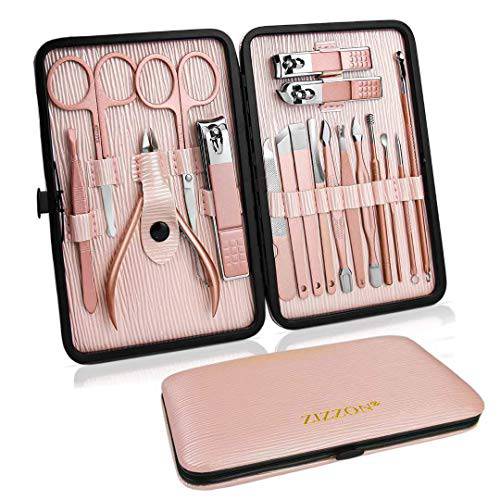 ZIZZON Manicure Set 18 in 1 Professional Pedicure Set Nail scissors Grooming Kit with Leather Travel Case Pink