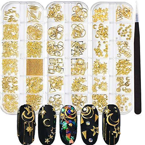 3 Boxes Nail Art Decals Studs Design Decoration Accessories 3D Metal Nail Charm Supplies Gold Star Moon Heart Square Rivet Caviar Nail Beads Nail Art Jewels Decoration With 1Pc Tweezers Tool for Women