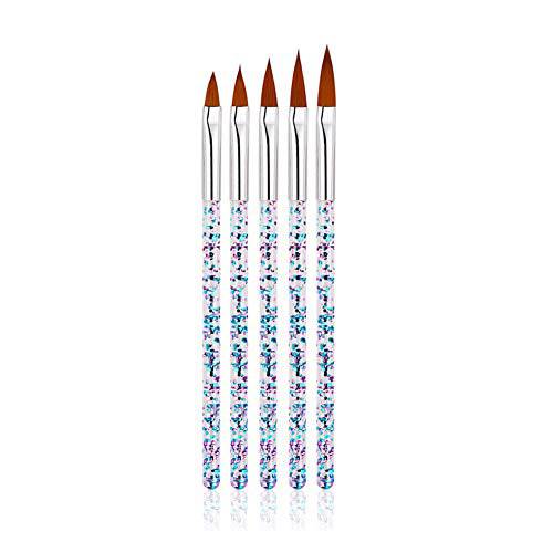 FULINJOY 5 Pcs Nail Art Brush, Acrylic UV Gel Glitter Drawing Painting Brushes Crystal Handle Nylon Hair Carving Flower Pens Nails Tools