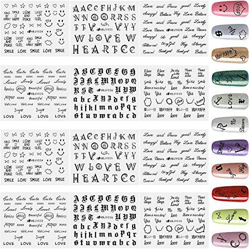 12 Sheets Black Letter Nail Art Sticker 3D Letter Nail Stickers Old English Alphabet Nail Decals Adhesive Nail Sticker for Salon Home DIY Nail Decoration