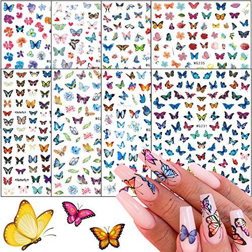 3D Butterfly Nail Art Stickers Flower Butterfly Nail Design Supplies Self-Adhesive Butterfly Nail Decals Acrylic Nails Accessories Butterflies Nail Art Foils Manicure Tips Nail Art DIY (8 Sheets)