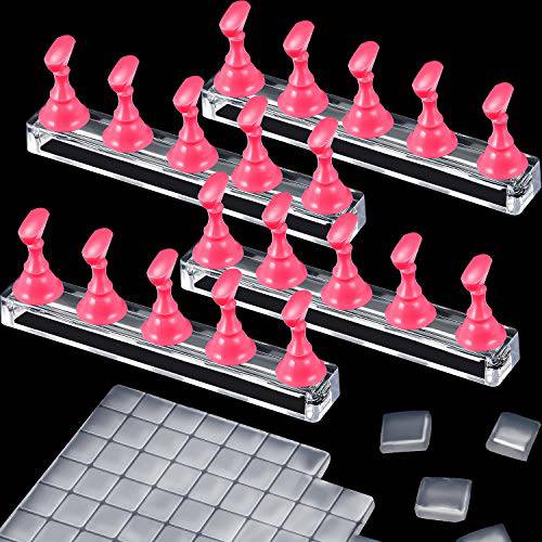 4 Set Nail Tips Holders Magnetic Acrylic Nail Practice Stands Fingernail Display Stands Manicure Training Holder and 126 Pieces Clear Reusable Sticky Clay Adhesive Putty (Pink)