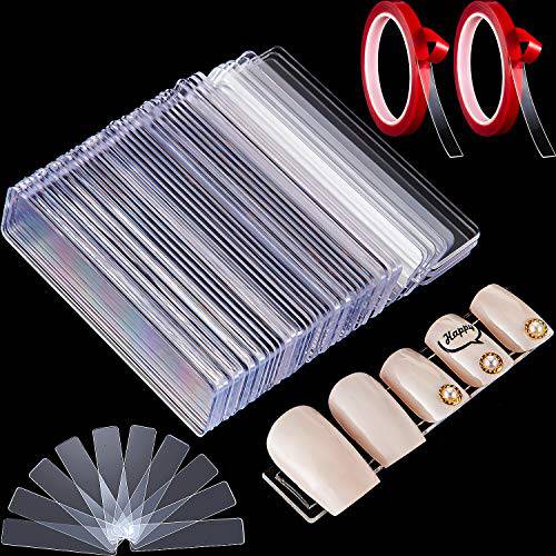 100 Pieces Transparent Nail Stand Nail Display Stand Holder Nail Boxes Packaging for Press On Nail Art Fake Nail Tips Practice Holder with 2 Rolls Double Sided Tapes for Nail Salon Home Office Supply