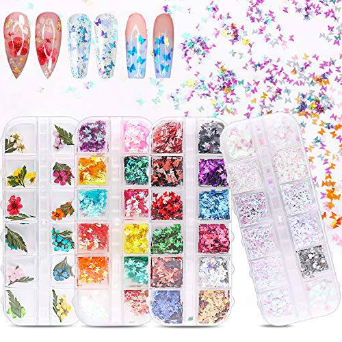 48 Colors Dried Flowers Nail Art Butterfly Glitter Flake 3D Holographic, Tufusiur Dry Flower Nails Sequins Acrylic Supplies Face Body Gifts for Decoration Accessories & DIY Crafting