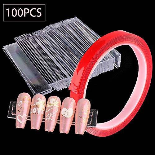 100PCS Transparent Nail Art Display Stand Holder with 10M Double Sided Tape, Kalolary Transparent Acrylic Fake Nails Display Stand, Removable Double Sided Mounting Tape for Home,Wall,Office Decor