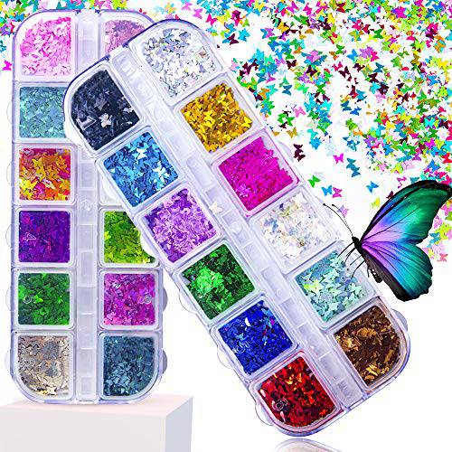 JOYJULY 3D Holographic Butterfly Nail Glitter 24 Color/Set Butterfly Nail Glitter Sequins Laser Butterfly Nail Sequin Acrylic Paillettes for Nail Art Decoration & DIY Crafting