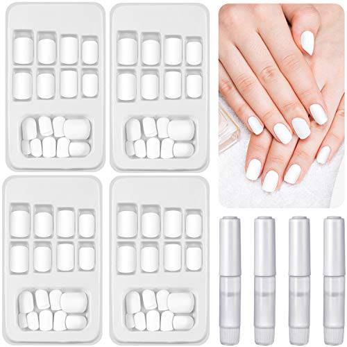 96 Pieces White Fake Nails Full Cover Short False Press on Nails Matte Acrylic Square Nails with Glue for Women Girls DIY Nails Home Salon Favors