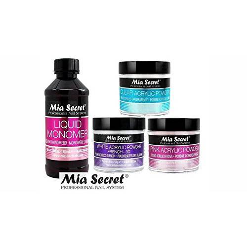 MIA SECRET 4 oz LIQUID MONOMER + Acrylic Powder 2 oz Pink, Clear & White - Made in USA