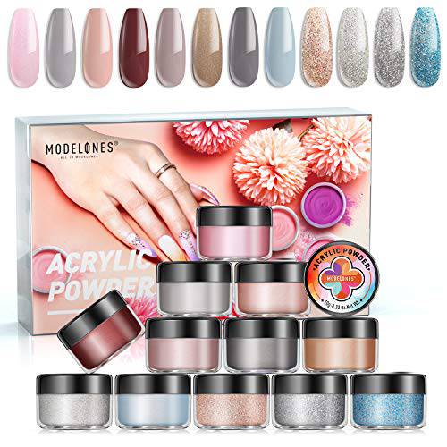Modelones 12 Colors Acrylic Powder, Nude Brown Glitter Acrylic Nail Powder, Fall Winter Nail Acrylic Powder, Glitter Acrylic Powder for Nail Art French Nail Christmas, Gift for Women