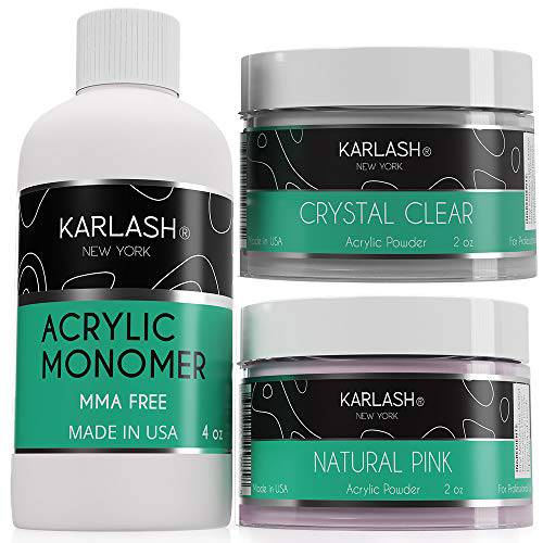 Karlash Professional Polymer 3 Piece Kit Acrylic Powder Crystal Clear 2 oz + Natural Pink 2oz and Acrylic Liquid Monomer 4 oz for Doing Acrylic Nails, MMA free, Nail Kit