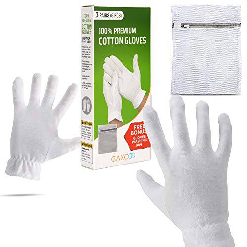 White Gloves Moisturizing Overnight Bedtime Cotton | White Inspection Premium Cloth Quality | Eczema Dry Sensitive Irritated Skin Spa Therapy Secure Wristband (100% Cotton, 3 Pairs)