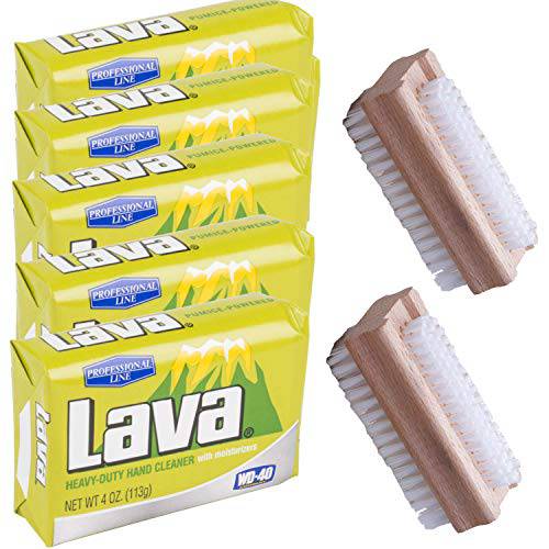 Tatane Lava Heavy-Duty Hand Cleaner Pumice soap with Moisturizers (Professional Line), 5-Bars [4 OZ Each] with 2 Sparklen Wooden Nail Brushes